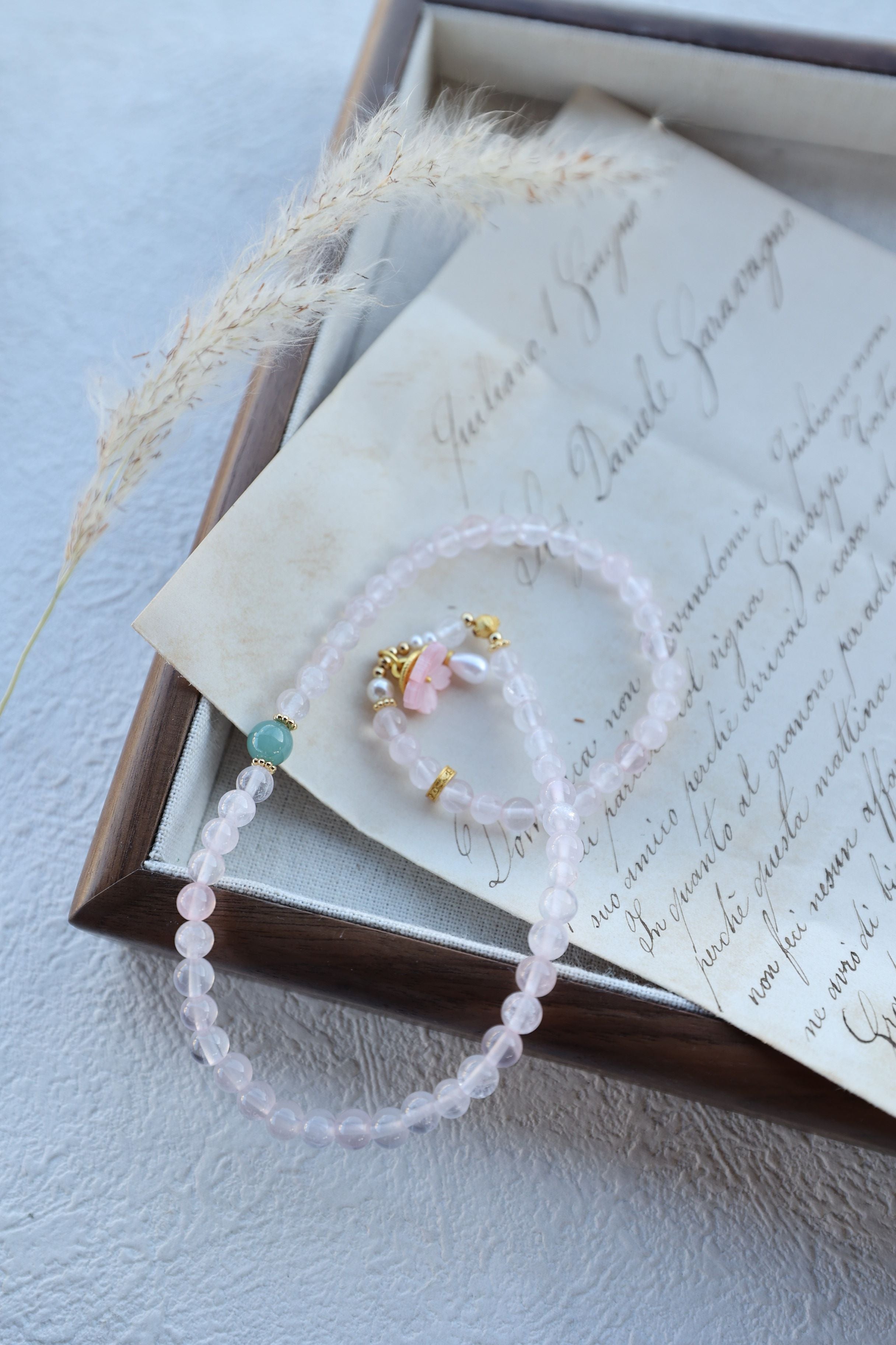 Natural Rose Quartz and Blue Jadeite Bracelet, 52cm with 8mm Beads