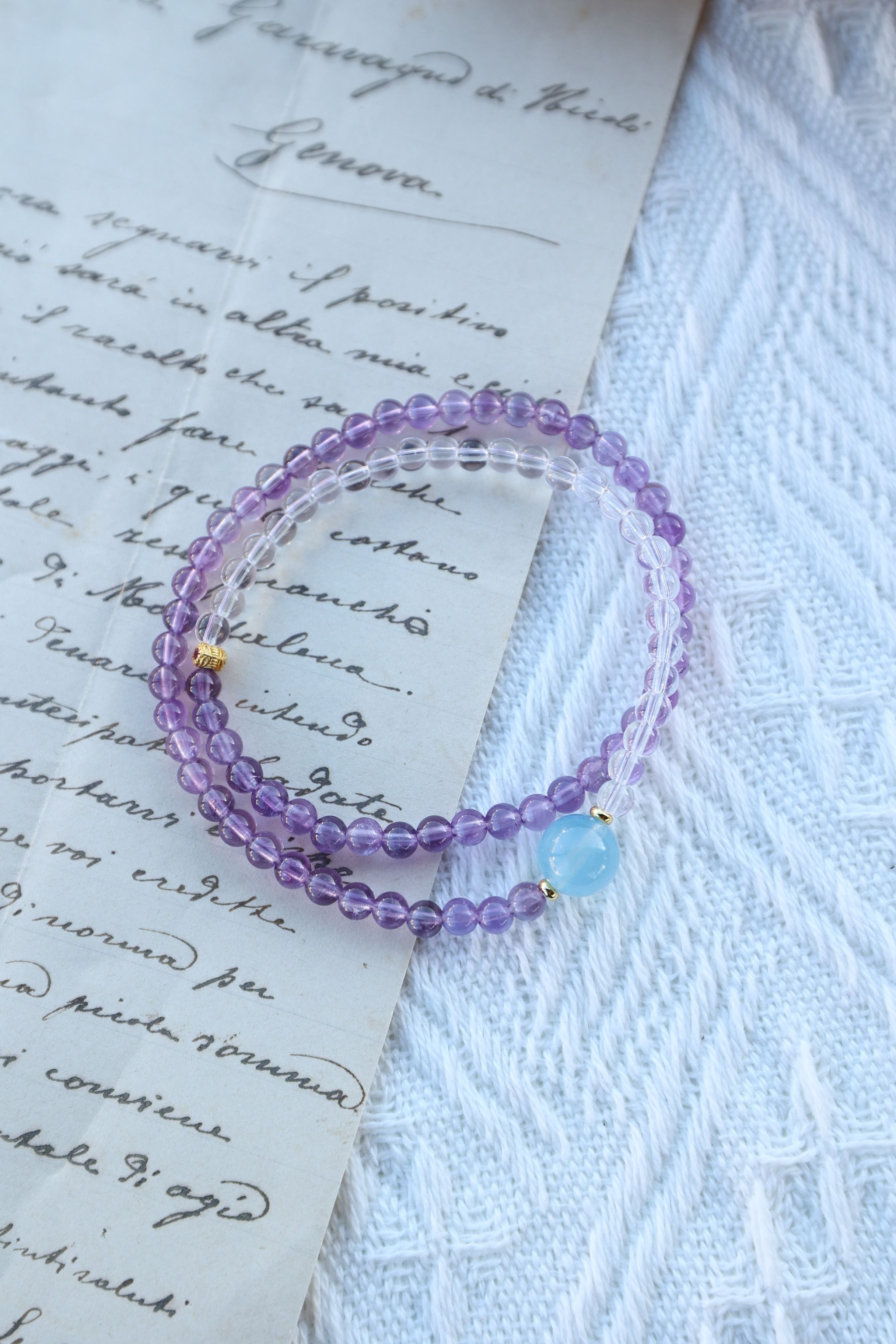 Tranquil Skies: Amethyst, Clear Quartz & Aquamarine 32cm Necklace/Wrap Bracelet