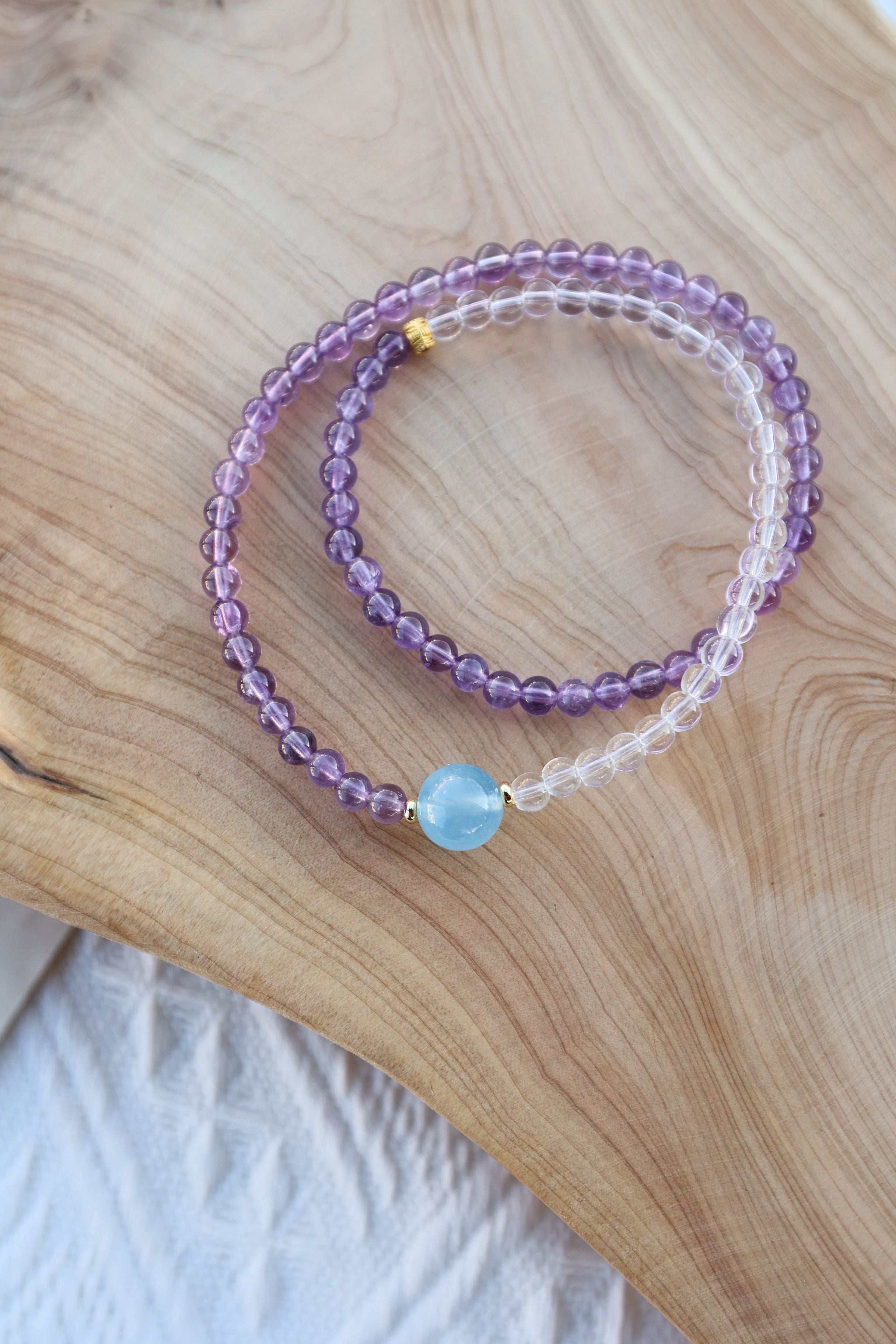 Tranquil Skies: Amethyst, Clear Quartz & Aquamarine 32cm Necklace/Wrap Bracelet