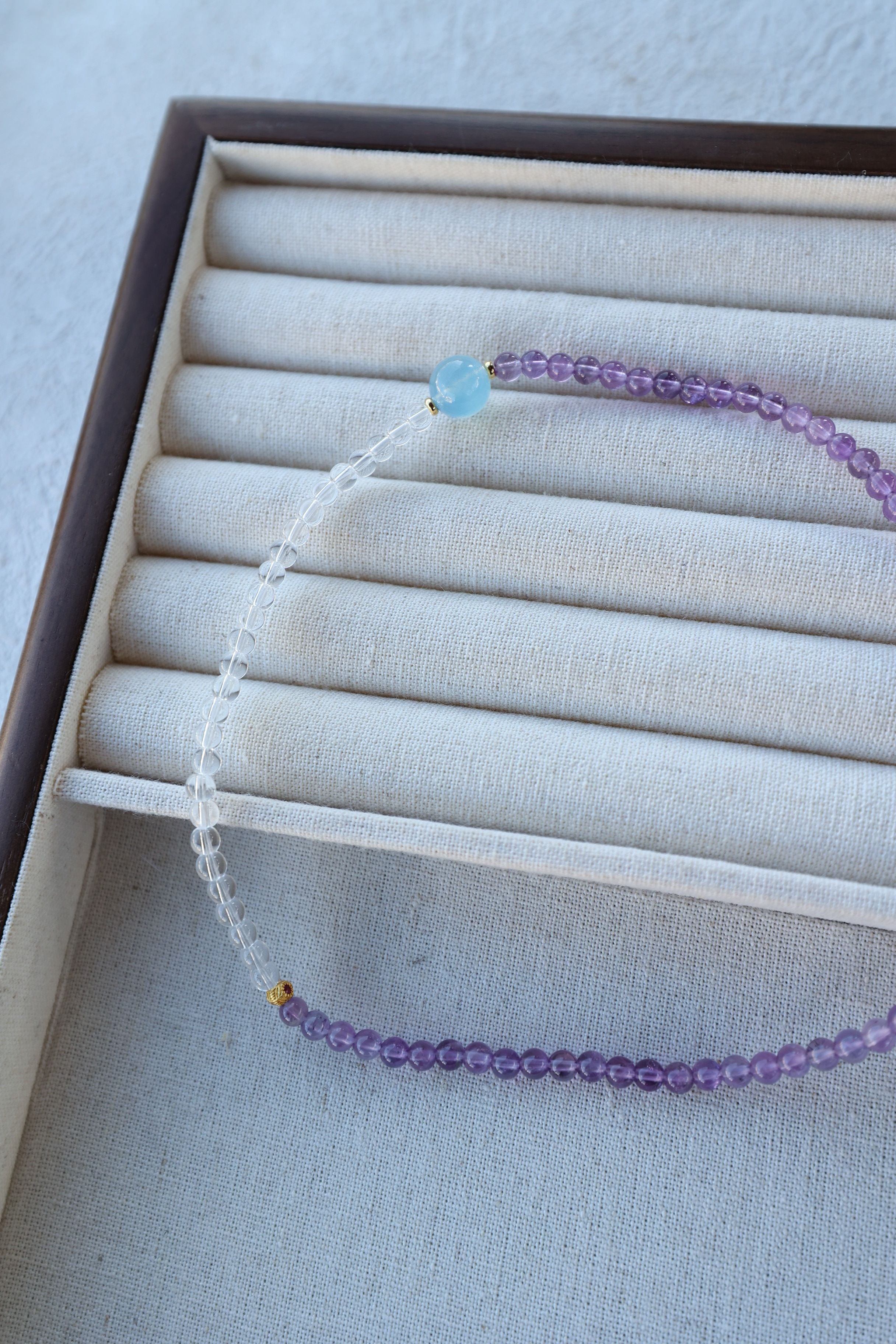 Tranquil Skies: Amethyst, Clear Quartz & Aquamarine 32cm Necklace/Wrap Bracelet