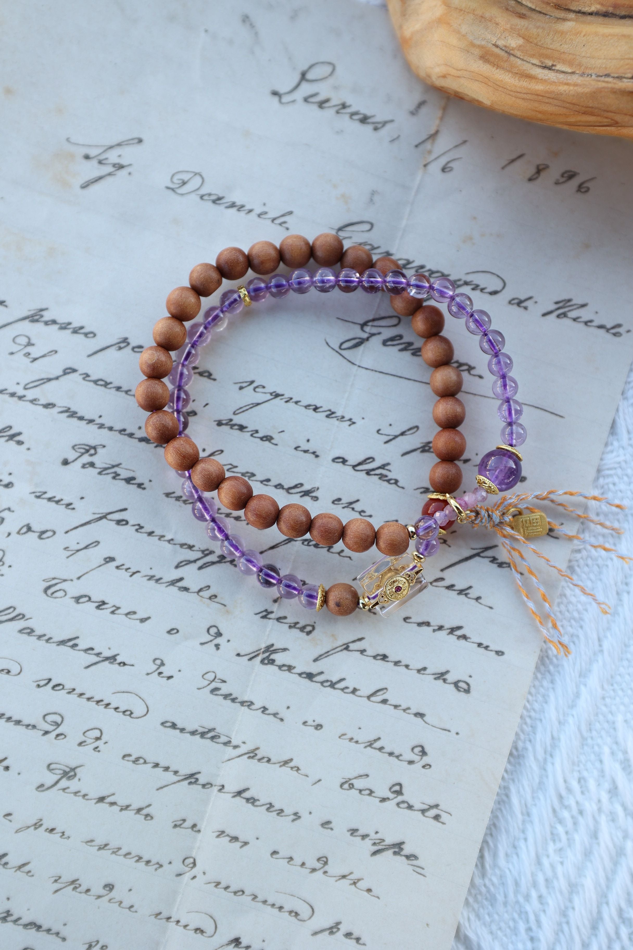 Amethyst, Barbiewood, and Red Agate Bracelet, 52cm with 8mm Beads