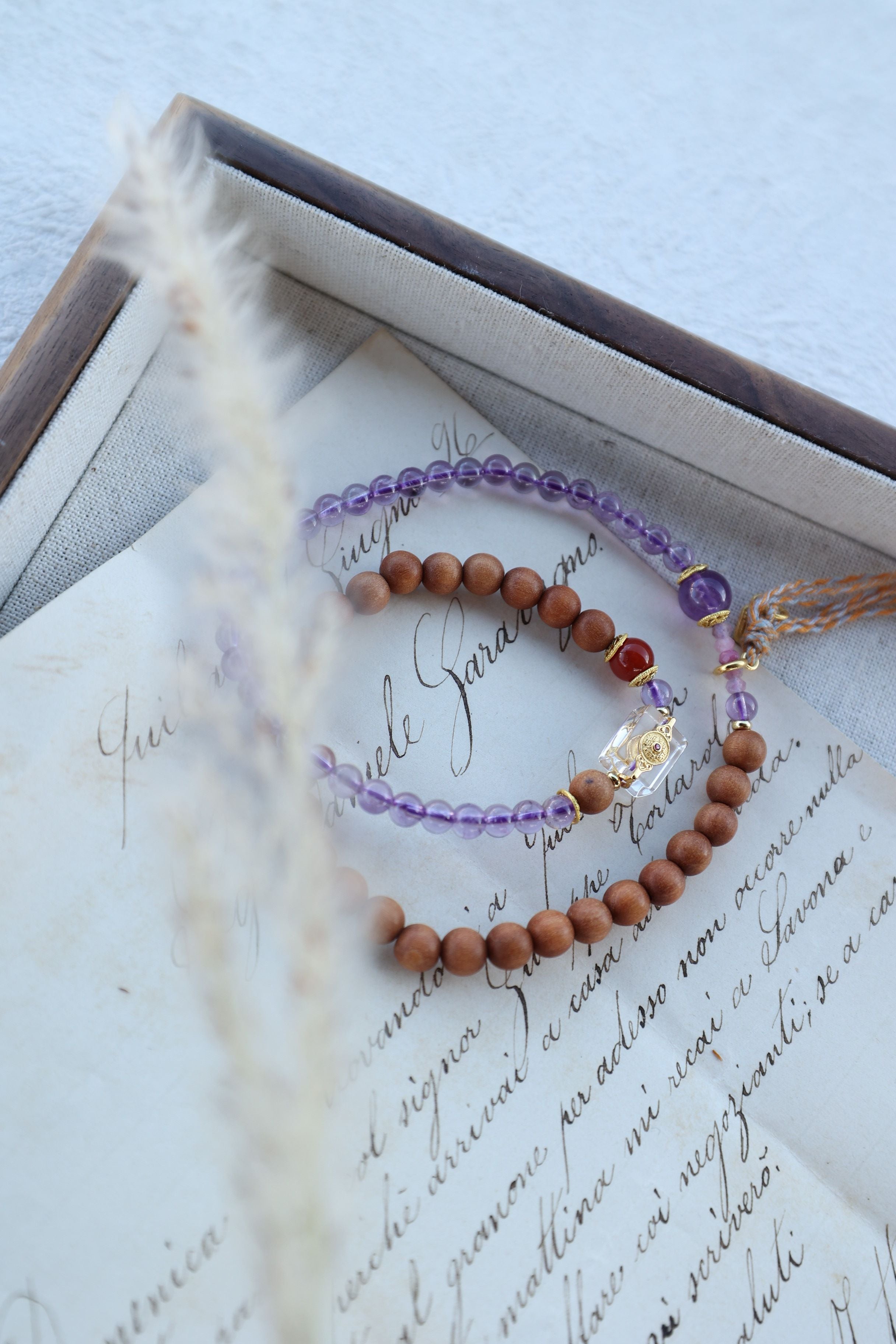 Amethyst, Barbiewood, and Red Agate Bracelet, 52cm with 8mm Beads