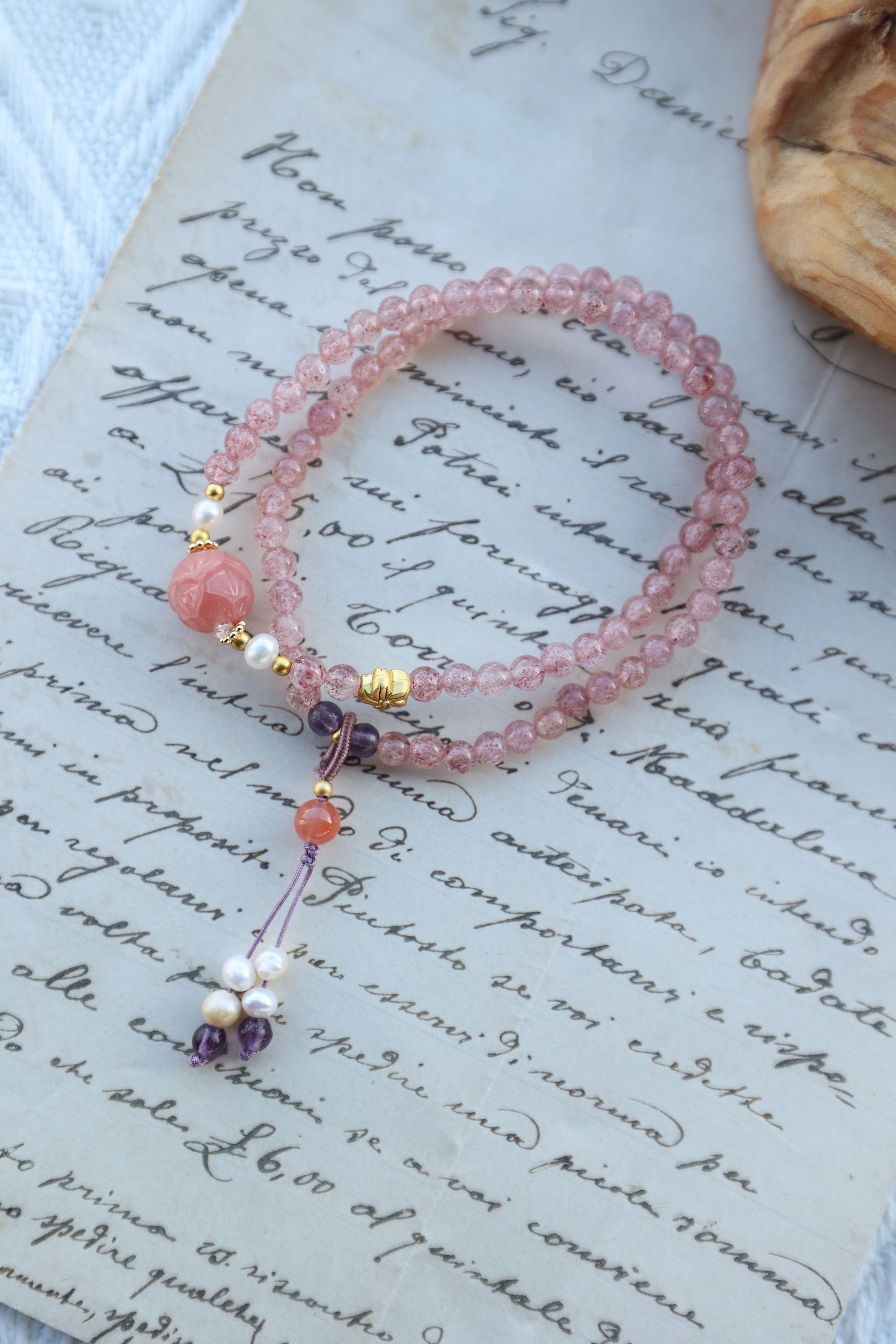 Strawberry Quartz & Pearl Bracelet