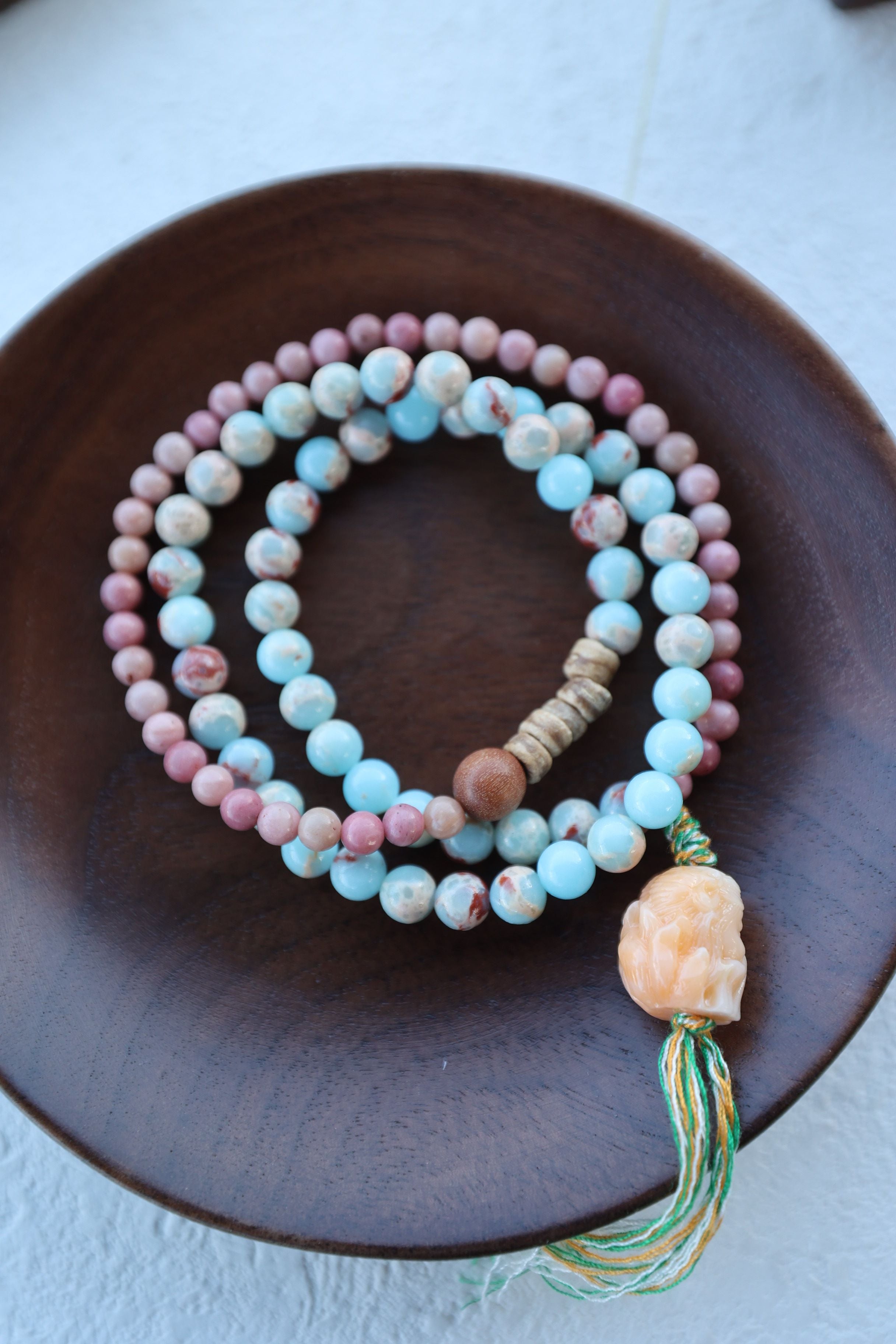 Redwood Grain, Shoushan Stone, Natural Coconut Shell, and Enhanced Ivory White Necklace/Bracelet, 75cm with 7mm Beads