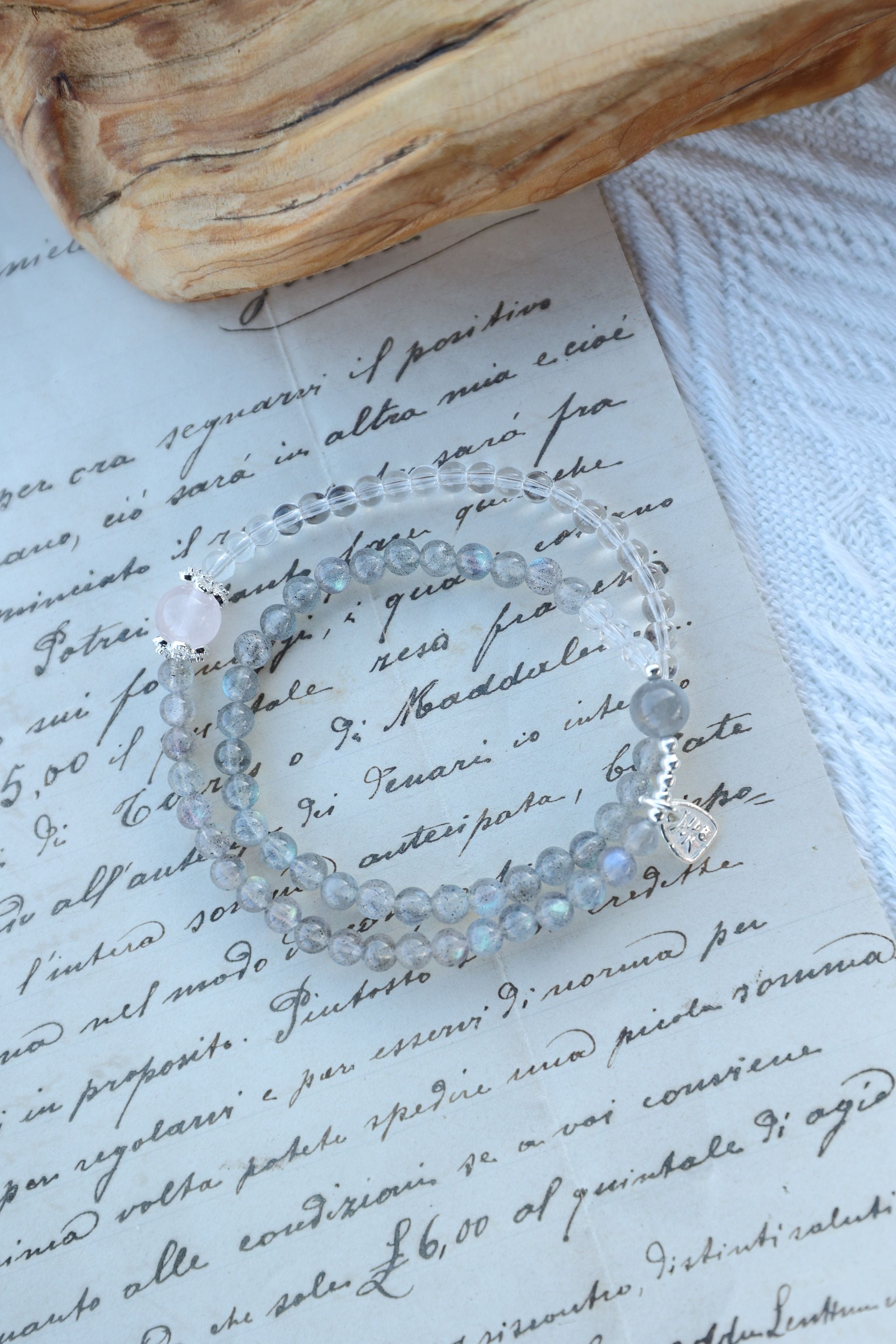 Gray Moonstone, Clear Quartz, and 925 Silver Bracelet, 55cm with 7mm Beads