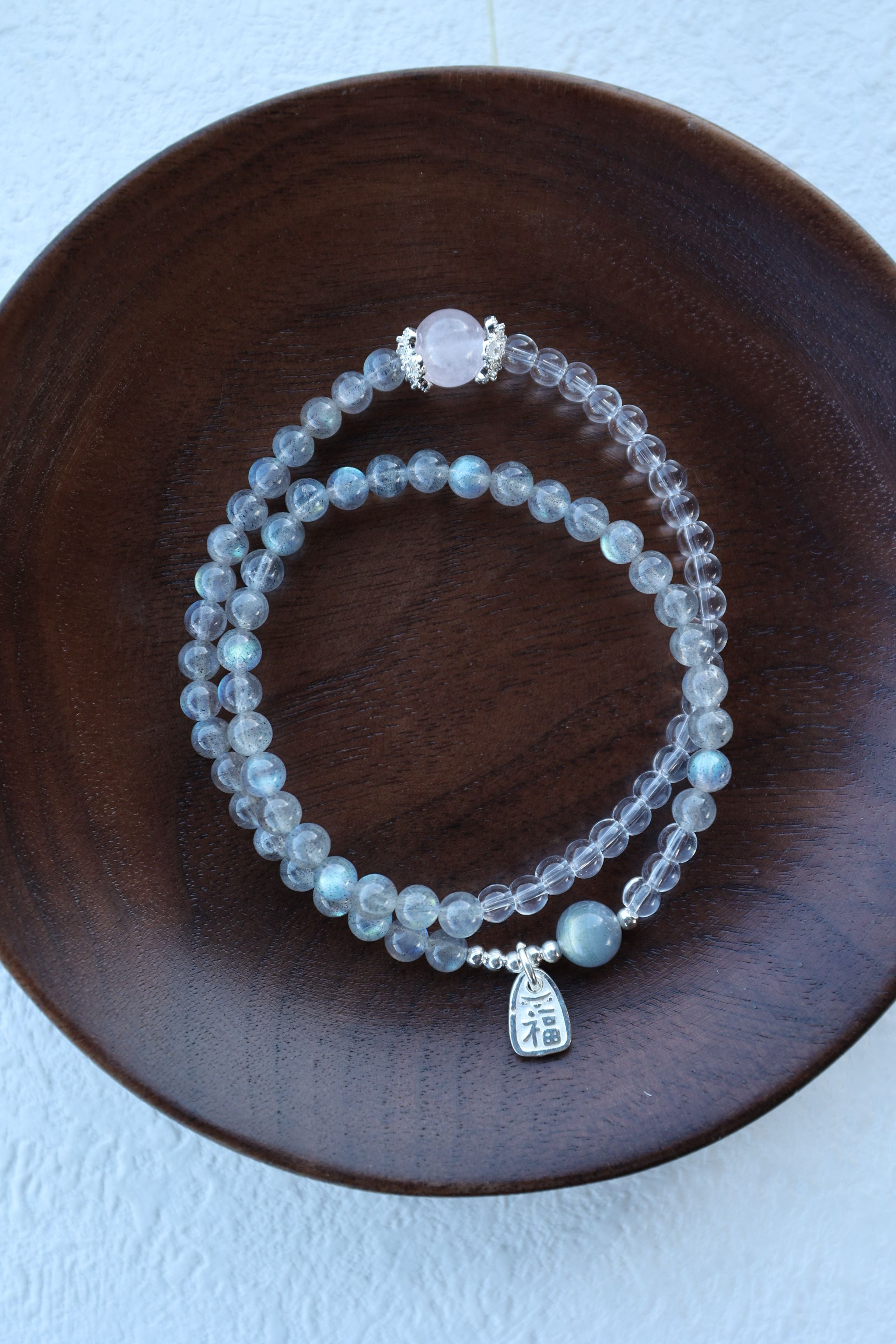 Gray Moonstone, Clear Quartz, and 925 Silver Bracelet, 55cm with 7mm Beads