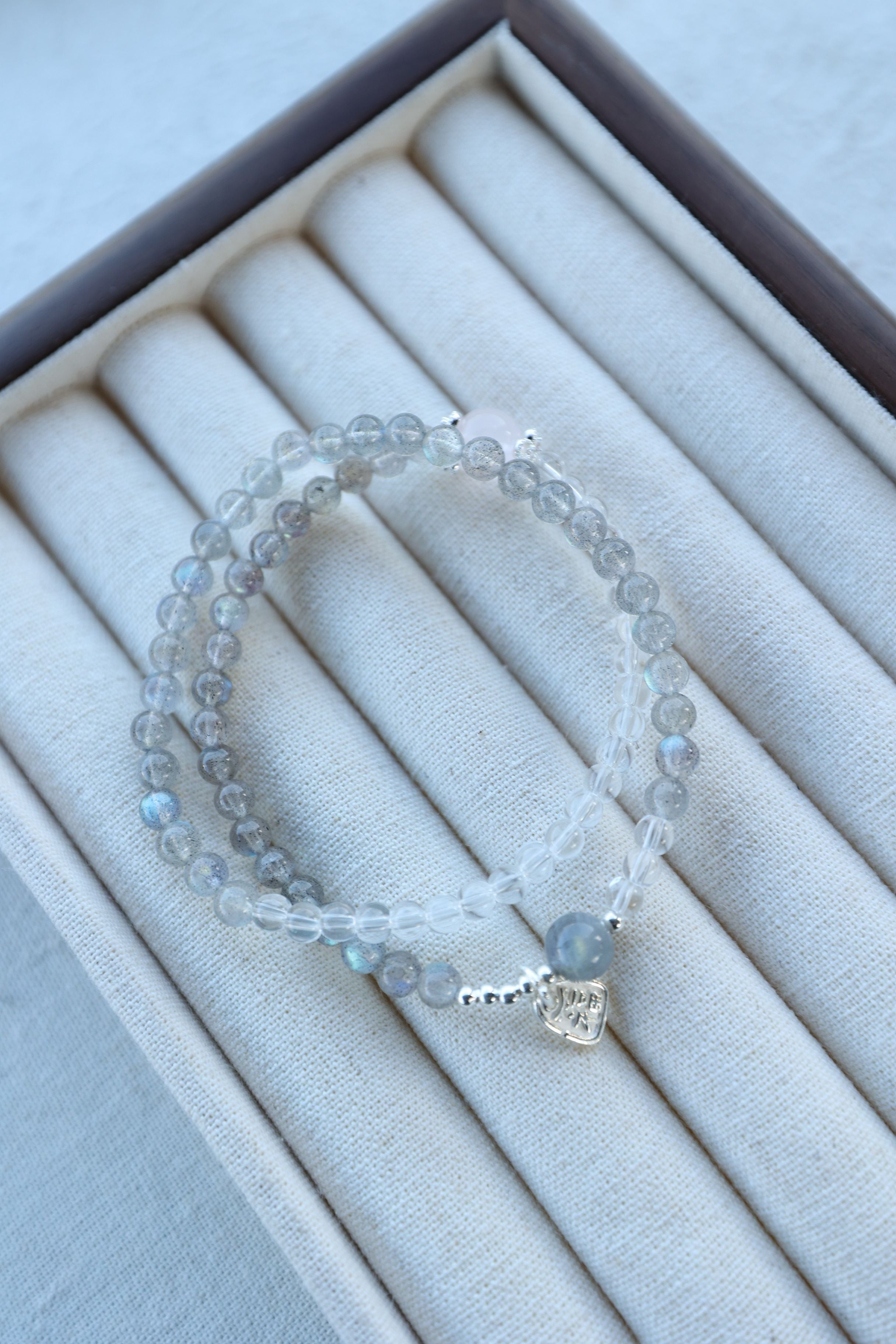 Gray Moonstone, Clear Quartz, and 925 Silver Bracelet, 55cm with 7mm Beads