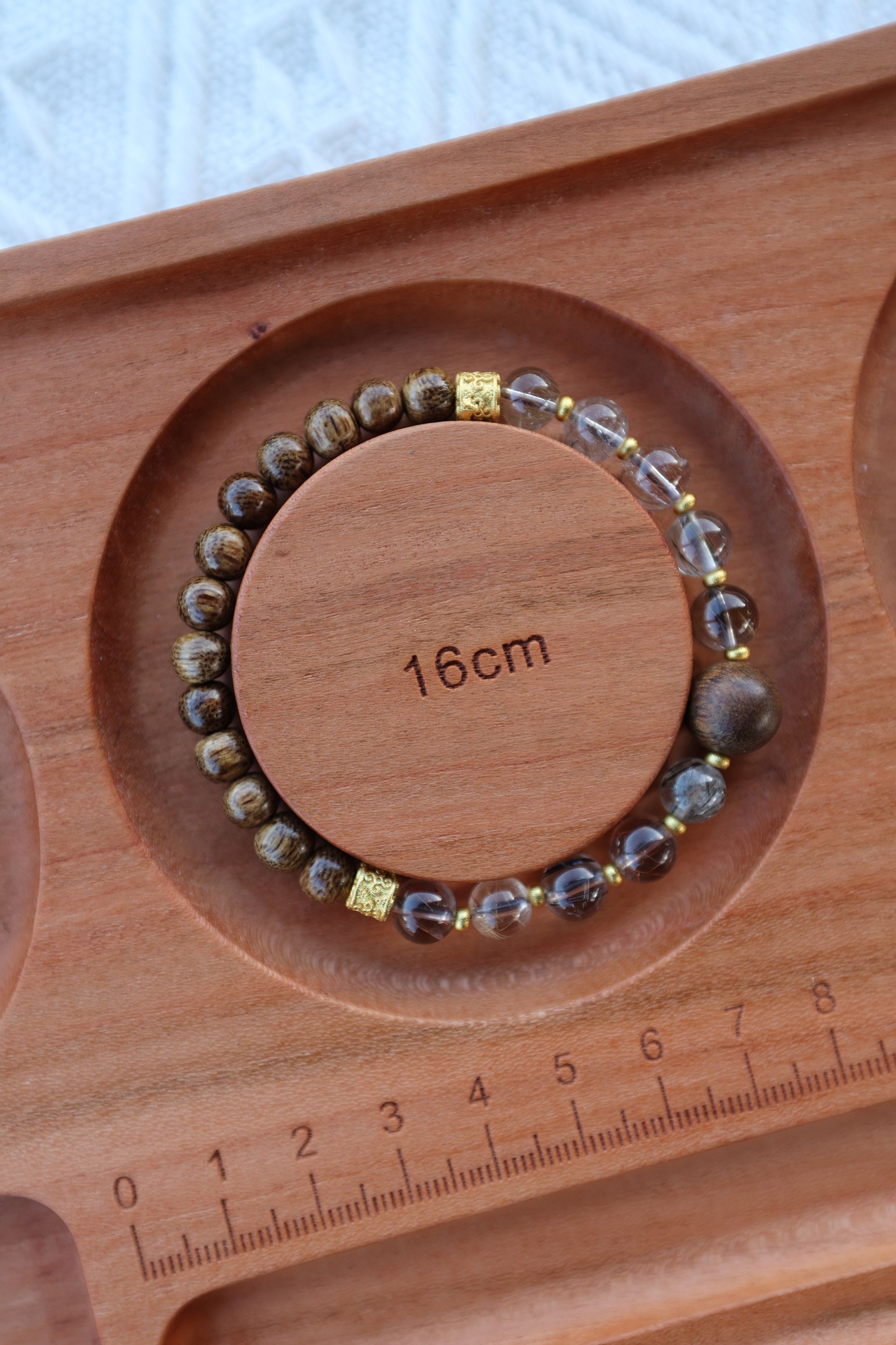 Agarwood and Multicolor Rutilated Quartz Bracelet, 16cm with 7mm Beads