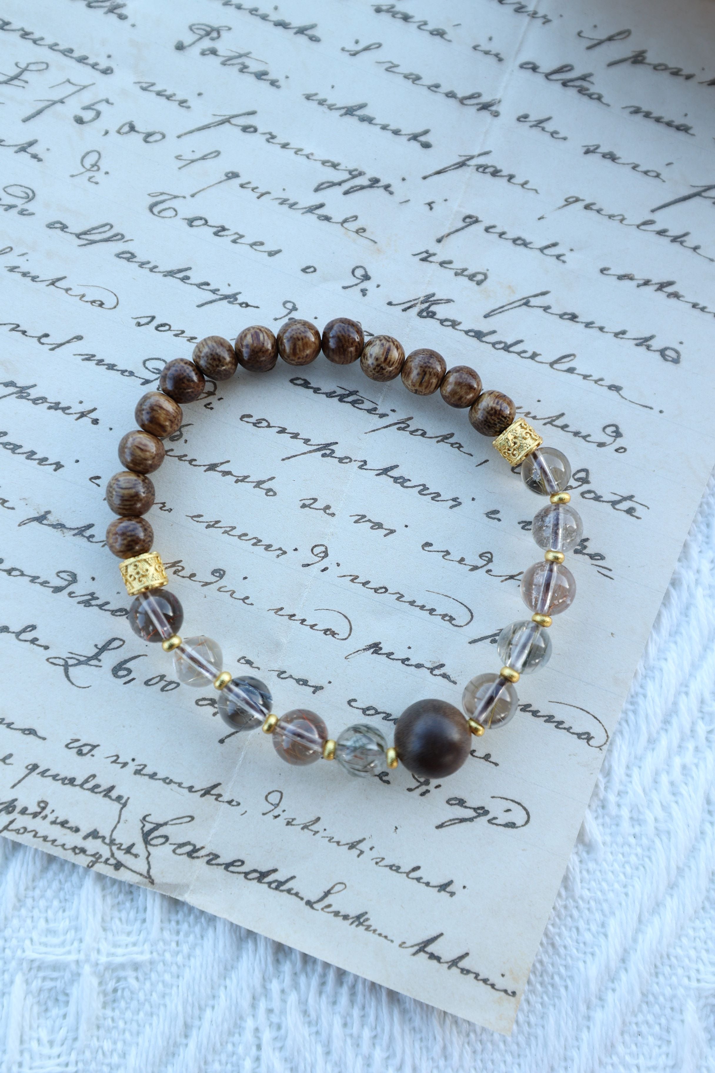 Agarwood and Multicolor Rutilated Quartz Bracelet, 16cm with 7mm Beads