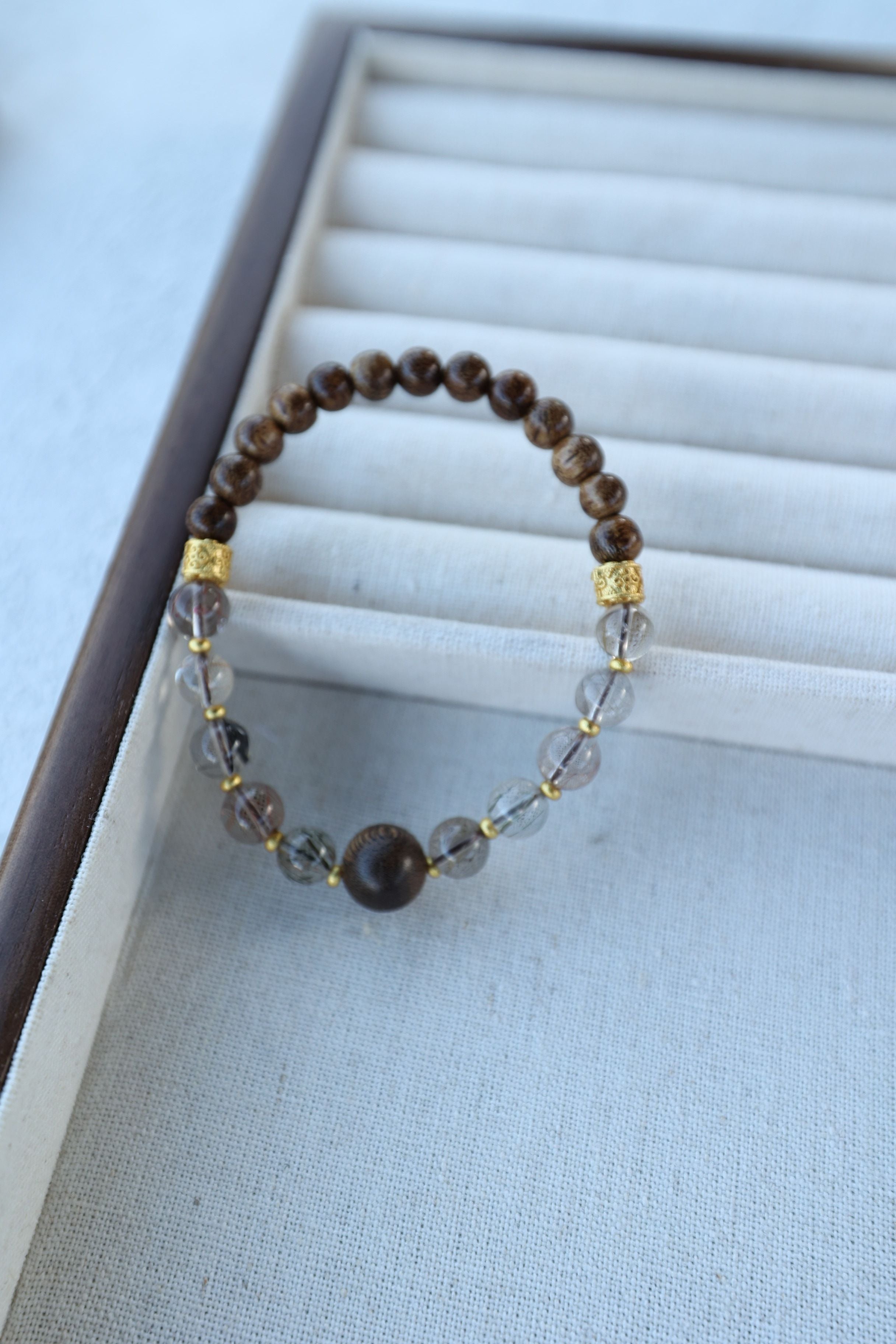 Agarwood and Multicolor Rutilated Quartz Bracelet, 16cm with 7mm Beads